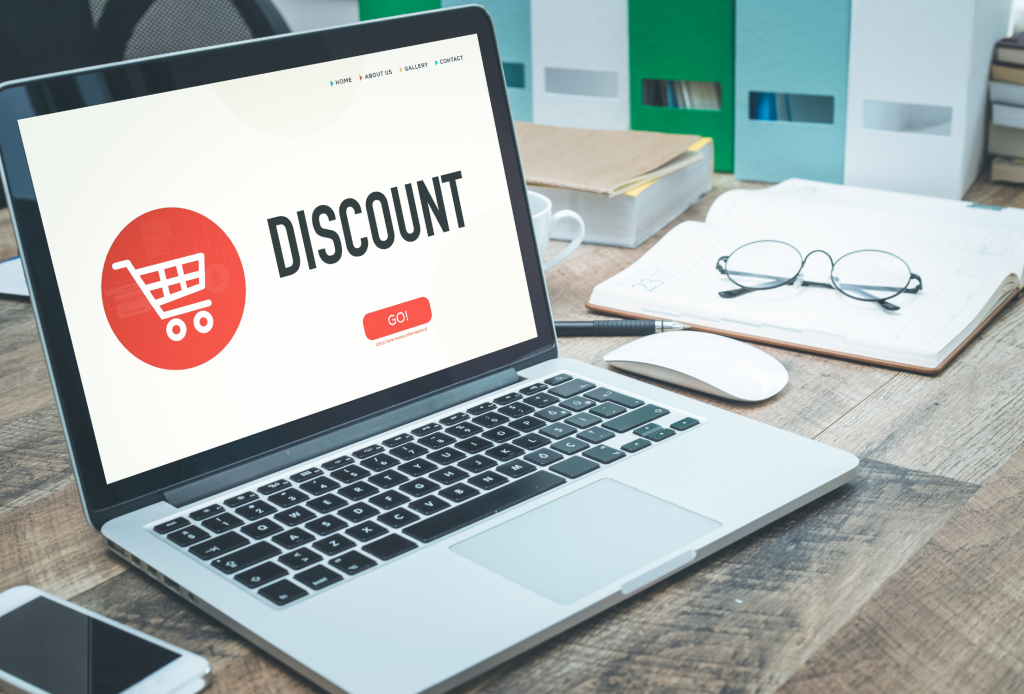 an image of a laptop showing the word Discount